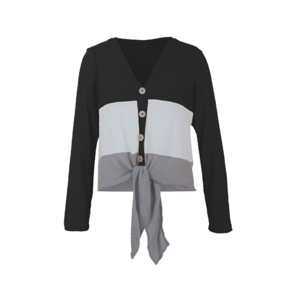 SOLD OUT CLEARANCE Black Waffle Knit Tie Front Long Sleeve Top - Picture 4 of 4